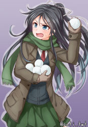 Rule 34 | 10s, 1girl, angry, anti (untea9), black hair, black vest, blue eyes, brown coat, brown gloves, coat, cowboy shot, gloves, green scarf, green skirt, hair ribbon, highres, kantai collection, katsuragi (kancolle), long hair, long sleeves, looking to the side, messy hair, necktie, open clothes, open coat, open mouth, pleated skirt, ponytail, purple background, ribbon, scarf, shirt, simple background, skirt, snow, snowball, snowball fight, solo, sweat, tears, twitter username, vest, white ribbon, white shirt, winter, winter clothes