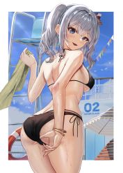Rule 34 | 1girl, absurdres, bare arms, bare legs, bare shoulders, bikini, black bikini, blue eyes, blush, border, bracelet, breasts, cowboy shot, hair between eyes, halterneck, highres, holding, holding towel, jewelry, kantai collection, kashima (kancolle), large breasts, looking at viewer, looking back, open mouth, short hair, side-tie bikini bottom, silver hair, smile, solo, swimsuit, taki rentaro, towel, wet, white border