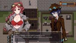 Rule 34 | amelia (detective girl steam city), blue hair, chimney, clymenia2, detective girl steam city, english text, gameplay mechanics, goggles, goggles on head, goggles on headwear, pink hair, sophie (detective girl steam city), sweatdrop, tile floor, tiles
