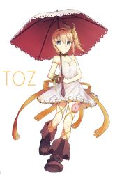 Rule 34 | 10s, 1girl, absurdres, bare shoulders, boots, breasts, choker, dress, edna (tales), flower, gloves, grey eyes, hairband, highres, long hair, orange hair, ribbon, side ponytail, small breasts, tales of (series), tales of zestiria, umbrella