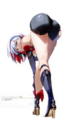 Rule 34 | 1girl, absurdres, ass, bent over, black footwear, black gloves, black unitard, blue eyes, boots, bow, colored inner hair, detached sleeves, from behind, full body, fusyo fuka, gloves, high heels, highres, honkai: star rail, honkai (series), medium hair, multicolored hair, open mouth, red bow, solo, topaz (honkai: star rail), two-tone hair, white hair