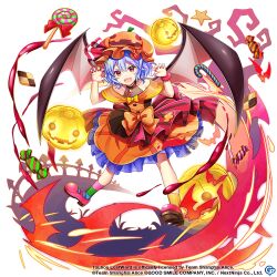 Rule 34 | 1girl, bare shoulders, bat wings, blue hair, bow, candy, candy cane, commentary, copyright name, copyright notice, dress, english commentary, food, frilled dress, frills, full body, game cg, halloween, halloween costume, hat, hat ribbon, high heels, jack-o&#039;-lantern, lollipop, looking at viewer, mob cap, open mouth, orange bow, orange dress, orange hat, red eyes, red footwear, red nails, red ribbon, remilia scarlet, remilia scarlet (trick or grrr!), ribbon, rotte (1109), short hair, solo, teeth, third-party source, touhou, touhou lostword, upper teeth only, wings