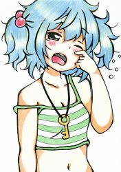 Rule 34 | 1girl, bad id, bad pixiv id, bare arms, bare shoulders, blue eyes, blue hair, blush, breasts, chemise, cleavage, collarbone, colored pencil (medium), hair bobbles, hair ornament, highres, kawashiro nitori, matching hair/eyes, meme-tan (bana nan26), messy hair, midriff, navel, off shoulder, open mouth, rubbing eyes, small breasts, solo, strap slip, tears, touhou, traditional media, twintails, two side up, waking up