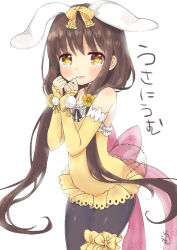 Rule 34 | 1girl, animal ears, arm warmers, black pantyhose, bow, brown hair, cowboy shot, emo (mikan), flower knight girl, frills, hair bow, helenium (flower knight girl), leotard, long hair, looking at viewer, pantyhose, pink bow, rabbit ears, solo, tears, twintails, white background, yellow bow, yellow eyes, yellow leotard