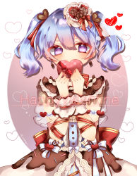 Rule 34 | 1girl, absurdres, alternate hairstyle, arm ribbon, bang dream!, blue bow, blue hair, blush, bow, commentary request, covering own mouth, dress, earrings, frilled skirt, frills, gift, hair ornament, hair ribbon, happy valentine, heart, heart hair ornament, highres, holding, holding gift, jewelry, matsubara kanon, mio meguri, purple eyes, red ribbon, ribbon, skirt, solo, striped ribbon, twintails, twitter username, valentine, wrist cuffs