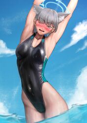 Rule 34 | 1girl, absurdres, animal ear fluff, animal ears, armpits, arms up, black one-piece swimsuit, blue archive, blue eyes, blue sky, breasts, cloud, competition swimsuit, covered navel, cowboy shot, cross hair ornament, extra ears, grey hair, hair ornament, halo, highleg, highleg swimsuit, highres, looking at viewer, low ponytail, medium hair, mismatched pupils, multicolored clothes, multicolored swimsuit, official alternate costume, one-piece swimsuit, one eye closed, servietsky, shiroko (blue archive), shiroko (swimsuit) (blue archive), sky, small breasts, solo, standing, swimsuit, wading, water, wolf ears