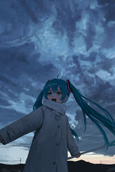 Rule 34 | 1girl, :d, absurdres, ahoge, aqua eyes, aqua hair, blush, buttons, cloud, cloudy sky, coat, commentary request, earmuffs, food, hair ornament, hatsune miku, highres, holding, holding food, holding spring onion, holding vegetable, house, looking to the side, miku day, mountainous horizon, open mouth, outdoors, power lines, sakiika0513, scarf, sky, sleeves past wrists, smile, solo, spring onion, star (sky), twilight, twintails, upper body, utility pole, vegetable, venus (planet), vocaloid, white coat, white scarf, winter clothes, winter coat