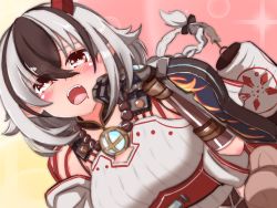Rule 34 | 1girl, black hair, blush, braid, braided ponytail, breasts, chest jewel, crossette (xenoblade), eyebrows, horns, jksfs, medium breasts, multicolored hair, open mouth, pointy ears, red eyes, solo, white hair, xenoblade chronicles (series), xenoblade chronicles 2