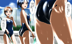 Rule 34 | 3girls, adjusting clothes, adjusting swimsuit, ass, black hair, blue eyes, blue one-piece swimsuit, broom, brown hair, close-up, cloud, cloudy sky, commentary request, competition school swimsuit, cowboy shot, day, empty pool, fence, highres, holding, long hair, looking at another, multiple girls, one-piece swimsuit, open mouth, original, outdoors, pool, red eyes, school swimsuit, short hair, sky, standing, sweat, swimsuit, takaya n, translation request