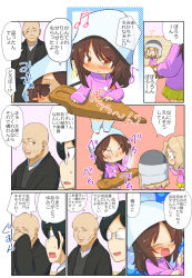 Rule 34 | 2boys, 3girls, afterimage, aged down, bald, beamed sixteenth notes, black-framed eyewear, black hair, black kimono, blonde hair, blue eyes, blue headwear, blush, bob cut, brown eyes, brown hair, chibi, closed eyes, comic, commentary, commentary request, eighth note, english commentary, fur hat, girls und panzer, glasses, gloom (expression), grey headwear, haori, hat, highres, holding, holding instrument, indoors, instrument, jacket, japanese clothes, jaw drop, jinguu (4839ms), kantele, katyusha (girls und panzer), kay (girls und panzer), kimono, kindergarten uniform, kodama shichirou, long sleeves, looking at another, medium hair, mika (girls und panzer), mixed-language commentary, motion blur, multiple boys, multiple girls, music, musical note, notice lines, opaque glasses, outside border, pink jacket, playing instrument, pleated skirt, semi-rimless eyewear, short hair, skirt, standing, sweatdrop, swept bangs, tearing up, tears, translation request, tsuji renta, tulip hat, under-rim eyewear, ushanka, wiping tears, yellow skirt