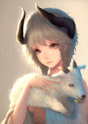 Rule 34 | 1girl, absurdres, animal, braid, goat, goat horns, grey eyes, grey hair, highres, holding, holding animal, horns, lips, looking at viewer, monster girl, nooko, original, realistic, sheep, sheep girl, sheep horns, solo, twin braids