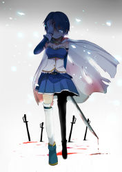 Rule 34 | 10s, 1girl, blood, blue eyes, blue hair, blue theme, cape, dripping, hand over eye, mahou shoujo madoka magica, mahou shoujo madoka magica (anime), matching hair/eyes, md5 mismatch, miki sayaka, one eye covered, pun2, short hair, solo, sword, tears, thighhighs, torn cape, torn clothes, weapon