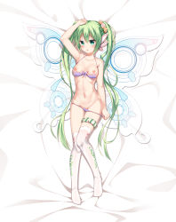 Rule 34 | 1girl, arm at side, arm up, bare arms, bare shoulders, bra, breasts, bug, butterfly, chestnut mouth, collarbone, dakimakura (medium), fairy wings, flower, green eyes, green hair, groin, hair between eyes, hair flower, hair ornament, hatsune miku, insect, long hair, lying, medium breasts, navel, nipples, no shoes, on back, panties, panty pull, pulled by self, purple bra, purple panties, solo, thigh strap, thighhighs, twintails, underwear, underwear only, very long hair, vocaloid, white thighhighs, wings, xia xiang (ozicha)
