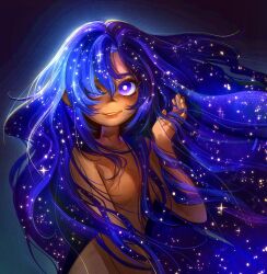 Rule 34 | 1girl, blue hair, bright pupils, hand up, highres, im hidari mimi, long hair, looking at viewer, no nipples, nude, original, parted lips, purple eyes, shadow, smile, solo, sparkle, starry sky print, upper body, white pupils
