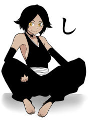 Rule 34 | 1girl, ban paku (arazio), black hair, bleach, breasts, feet, female focus, japanese clothes, large breasts, looking at viewer, shihouin yoruichi, sideboob, sitting, smile, smirk, solo, spread legs, toes, yellow eyes, aged down