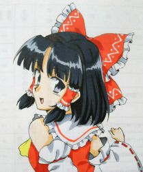 Rule 34 | 1girl, absurdres, bare shoulders, black eyes, black hair, bow, collared vest, frilled bow, frills, hair bow, hair tubes, hakurei reimu, haramin3, highres, long sleeves, red bow, red vest, retro artstyle, ribbon-trimmed sleeves, ribbon trim, short hair, sidelocks, simple background, solo, touhou, traditional media, upper body, vest, white background, white sleeves, wide sleeves