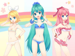 Rule 34 | 3girls, :d, absurdres, alternate hairstyle, aqua eyes, aqua hair, bad id, bad pixiv id, bandeau, bikini, bittersweet (dalcoms), blonde hair, bracelet, earrings, hair ribbon, hand on another&#039;s chest, hand on own hip, hand on own chest, hatsune miku, highres, hip focus, jewelry, kagamine rin, long hair, megurine luka, multiple girls, navel, open mouth, pink hair, polka dot, project diva, project diva (series), project diva 2nd, rainbow, ribbon, smile, swimsuit, v, very long hair, vocaloid
