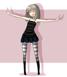 Rule 34 | 1girl, black footwear, black skirt, boots, camisole, grey hair, grey pantyhose, hime cut, ken (koala), knee boots, open mouth, original, pantyhose, patterned legwear, shoes, short hair, skirt, solo, standing, striped clothes, striped pantyhose, two-tone stripes
