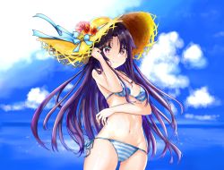 Rule 34 | 1girl, absurdres, alternate costume, bare arms, bare shoulders, bikini, blue bikini, blue ribbon, breasts, commentary request, day, flower, hat, hat flower, hat ribbon, highres, long hair, medium breasts, navel, outdoors, purple hair, red eyes, red flower, ribbon, smile, solo, straw hat, sugi-shi (user mwkp7542), sun hat, swimsuit, sword art online, yuuki (sao)