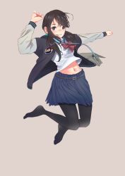 Rule 34 | 1girl, ahoge, arm up, asai umi, badge, bag, belt, black hair, black pantyhose, blouse, blue sailor collar, blue skirt, blush, bow, bowtie, brown background, brown eyes, button badge, commentary request, full body, grey bag, grey sleeves, grin, hair bobbles, hair ornament, jacket, jumping, legs up, light brown background, long hair, looking at viewer, low twintails, messenger bag, navel, no shoes, nose blush, open clothes, open jacket, original, outstretched arm, pantyhose, pleated skirt, red bow, sailor collar, school bag, shirt, shoulder bag, simple background, skirt, smile, solo, star (symbol), stomach, twintails, unzipped, upshirt, white background, white shirt