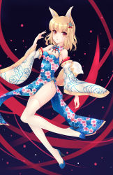 Rule 34 | 1girl, absurdres, animal ears, bare shoulders, blonde hair, breasts, china dress, chinese clothes, cleavage, detached sleeves, dress, fox ears, fox tail, fred0092, hair ornament, highres, large breasts, looking at viewer, open mouth, original, red eyes, short hair, side slit, slit pupils, solo, tail, thighhighs, white thighhighs, wide sleeves