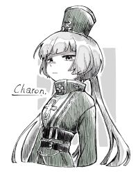 Rule 34 | 1girl, belt, character name, charon (project moon), closed mouth, dress, greyscale, hat, limbus company, long hair, long sleeves, looking at viewer, low twintails, monochrome, project moon, rnaro maro, shako cap, solo, twintails, upper body, very long hair