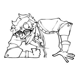 1boy collared_shirt cropped_torso glasses gloves greyscale happy_tears highres horropedia laughing lineart ling_(chaaaaanhikari) long_sleeves male_focus monochrome necktie open_mouth reverse:1999 shirt smile solo sweater_vest tears teeth upper_body upper_teeth_only white_background