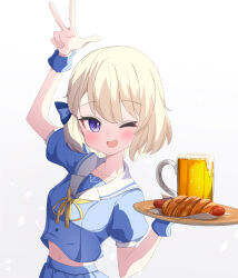 Rule 34 | 1girl, ;d, alcohol, ame., arm up, azur lane, beer, beer mug, blonde hair, blue serafuku, blue shirt, blue skirt, blush, breasts, collarbone, commentary request, crop top, cup, foam, gradient background, grey background, hand up, highres, holding, holding tray, hot dog, looking at viewer, medium breasts, midriff, mug, navel, neck ribbon, one eye closed, open mouth, pleated skirt, purple eyes, ribbon, sailor collar, school uniform, serafuku, shirt, skirt, smile, solo, tray, w, white background, white sailor collar, wrist cuffs, yellow ribbon, z23 (azur lane)