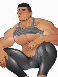 Rule 34 | 1boy, abs, bara, bare pectorals, black hair, black pants, blush, bulge, clothes lift, grey tank top, highres, kansuke (kansuke 717), large pectorals, male focus, muscular, muscular male, nipples, original, pants, pectorals, short hair, simple background, solo, squatting, sweat, tank top, thick thighs, thighs, white background