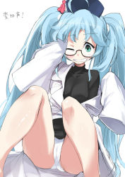 Rule 34 | 1girl, ario, blue hair, blush, cameltoe, glasses, green eyes, hat, hiraga gennai (sengoku collection), long hair, long sleeves, looking at viewer, one eye closed, panties, sengoku collection, sitting, sleeves past wrists, smile, solo, twintails, underwear, very long hair, white panties, wink
