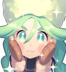 Rule 34 | 1girl, blue pupils, blush, braid, brown mittens, closed mouth, commentary, creatures (company), eyelashes, fur-trimmed jacket, fur hat, fur trim, game freak, green eyes, green hair, green hat, hair between eyes, hands on own cheeks, hands on own face, hands up, hat, highres, jacket, long hair, long sleeves, looking at viewer, mittens, nintendo, pokemon, pokemon legends: arceus, sabi (pokemon), smile, solo, sparkle, twin braids, twintails, upper body, xin lan deng