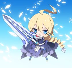 Rule 34 | 1girl, :&lt;, ahoge, blazblue, blonde hair, blue dress, blue eyes, blue thighhighs, blush, braid, breasts, center frills, chibi, closed mouth, commentary, dress, es (xblaze), frilled dress, frills, hair between eyes, holding, holding sword, holding weapon, large breasts, long hair, long sleeves, milkpanda, red neckwear, single braid, sleeves past wrists, solo, sword, thighhighs, very long hair, weapon, wide sleeves