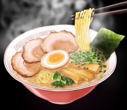 Rule 34 | bowl, chopsticks, egg (food), food, food focus, highres, meat, nitta sen, no humans, noodles, nori (seaweed), original, ramen, softboiled egg, steam