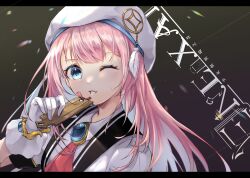 Rule 34 | 1girl, ascot, blue eyes, blush, bracelet, brooch, collared shirt, feathers, gloves, hat, hat feather, highres, holding, jewelry, long hair, looking at viewer, one eye closed, original, pink hair, shirt, slime (user jpds8754), smile, solo