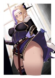 Rule 34 | 1girl, blonde hair, braid, breasts, cape, close-up, clothes lift, fjern thorden (nyantcha), genshin impact, highres, large breasts, long hair, mole, mole under mouth, multicolored hair, nervous, nyantcha, original, parted bangs, purple hair, side braid, skirt, skirt lift, solo, streaked hair, thick thighs, thighs, torn clothes