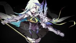 Rule 34 | 1girl, armor, black background, black dress, blue hair, brynhildr (fate), chuzenji, colored inner hair, cowboy shot, dress, fate/prototype, fate/prototype: fragments of blue and silver, fate (series), gauntlets, holding, holding polearm, holding weapon, long hair, looking at viewer, multicolored hair, neckerchief, open mouth, pale skin, plackart, polearm, purple eyes, sailor collar, simple background, solo, teeth, two-tone hair, upper teeth only, weapon, white hair, white sailor collar, yellow neckerchief