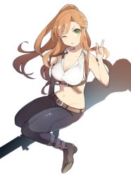Rule 34 | 1girl, alternate costume, alternate hairstyle, bare shoulders, black pants, blush, breasts, brown eyes, brown hair, cleavage, collared shirt, contemporary, cosplay, crop top, from above, full body, granblue fantasy, hair ornament, large breasts, long hair, looking at viewer, midriff, miyashirorin, navel, one eye closed, open mouth, pants, shirt, sidelocks, silva (granblue fantasy), silva (granblue fantasy) (cosplay), sleeveless, sleeveless shirt, solo, stomach, tweyen (granblue fantasy), v-shaped eyebrows
