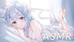 Rule 34 | ahoge, amatsuka uto, angel, animal ears, barefoot, bed, blue eyes, blue hair, cat ears, cat tail, curtains, english text, lying, pillow, second-party source, smile, solo, sunlight, tail, virtual youtuber, weee (raemz), window