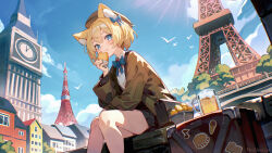 1girl animal_ears bird black_bag black_skirt blonde_hair blue_bow blue_bowtie blue_eyes bow bowtie brown_hat building clock clock_tower cloud collared_shirt commission eating eiffel_tower food hat highres holding holding_food indie_virtual_youtuber necklesslee shirt short_hair sitting skirt sky suitcase tokimori_aoi tower virtual_youtuber white_shirt