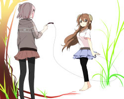 Rule 34 | 2girls, ahoge, barefoot, belt, black legwear, blouse, blue skirt, brown eyes, brown hair, chiyoda momo, commentary request, demon girl, demon horns, demon tail, floating hair, full body, grass, hair between eyes, hair ornament, holding another&#039;s tail, hood, hooded sweater, horns, long hair, looking at another, machikado mazoku, multiple girls, nao (70 pocky), pants, pants under skirt, pantyhose, pink hair, shadow, shirt, short sleeves, simple background, skirt, sweater, tail, tail grab, tree, white background, x hair ornament, yoshida yuuko (machikado mazoku)