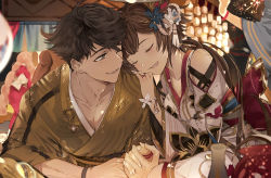 Rule 34 | 1boy, 1girl, abel (granblue fantasy), black hair, bracelet, brown hair, closed eyes, collarbone, festival, fireworks, flower, granblue fantasy, hair flower, hair ornament, hand on another&#039;s shoulder, head on another&#039;s shoulder, holding hands, interlocked fingers, japanese clothes, jewelry, kimono, leona (granblue fantasy), looking at another, night, noren, obi, one eye closed, open mouth, parted lips, ponytail, ring, sash, short hair, smile, suou (sdurorhr), teeth, tokkuri, tongue, upper body