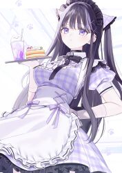 Rule 34 | 1girl, absurdres, apron, blush, breasts, choker, closed mouth, ear piercing, elbow gloves, gloves, hair ornament, highres, holding, holding plate, long hair, looking at viewer, maid, maid apron, maid headdress, medium breasts, misumi (macaroni), original, piercing, plate, purple eyes, purple hair, ribbon, short sleeves