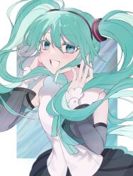 Rule 34 | 1girl, :d, absurdres, aqua hair, artist name, blue eyes, blush, commentary, detached sleeves, green hair, grey shirt, hatsune miku, hatsune miku (nt), highres, konemu, looking at viewer, neck ribbon, open mouth, ribbon, shirt, sleeveless, sleeveless shirt, smile, solo, twintails, upper body, vocaloid