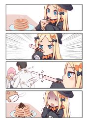 Rule 34 | 1boy, 2girls, 4koma, :d, ^ ^, abigail williams (fate), anger vein, black bow, black dress, black hair, black headwear, blonde hair, blue eyes, blush, bow, bubble tea, chaldea uniform, closed eyes, collared dress, comic, commentary request, cup, disposable cup, dress, drinking straw, emphasis lines, fate/grand order, fate (series), food, forehead, fujimaru ritsuka (male), glasses, hair bow, hair over one eye, hands up, hat, highres, holding, holding cup, jacket, long hair, long sleeves, mash kyrielight, milkshakework, multiple girls, multiple hair bows, open clothes, open jacket, open mouth, orange bow, pancake, pancake stack, parted bangs, pink hair, plate, polka dot, polka dot bow, red neckwear, silent comic, sleeves past fingers, sleeves past wrists, smile, solid oval eyes, teardrop, trembling, turn pale, uniform, white jacket