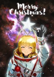 Rule 34 | 1girl, antenna hair, blonde hair, blunt bangs, blush, christmas ornaments, closed eyes, closed mouth, facing viewer, frederika (hitsugi no chaika), highres, hitsugi no chaika, holding, merry christmas, smile, solo, space, spacesuit, upper body, viroa