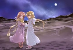 Rule 34 | 2girls, blonde hair, blue eyes, blush, brown footwear, brown hair, closed mouth, coat, colored sclera, commentary request, commission, earth (planet), fate testarossa, grey coat, hair down, highres, holding hands, hood, hood down, hooded coat, horizon, kuroi mimei, long hair, long sleeves, looking at another, lyrical nanoha, mahou shoujo lyrical nanoha, multiple girls, on moon, planet, red eyes, shoes, skeb commission, sky, smile, space, standing, star (sky), starry sky, takamachi nanoha, white coat, white footwear, wide sleeves, wind, yellow sclera, yuri
