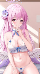 Rule 34 | 1girl, absurdres, alternate costume, bare arms, bare shoulders, bikini, blue archive, breasts, cameltoe, cleavage, detached collar, feathered wings, flower, frilled bikini, frills, gluteal fold, gradient hair, gym storeroom, hair bun, hair flower, hair ornament, halo, halterneck, hand on own thigh, hand up, highres, long hair, looking at viewer, low wings, medium breasts, mika (blue archive), multicolored hair, navel, pink hair, revision, see-through, shenqi (toid310), single side bun, sitting, skindentation, smile, solo, stomach, string bikini, swimsuit, thighs, very long hair, white bikini, wings, yellow eyes