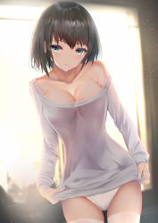 Rule 34 | 1girl, aqua eyes, backlighting, bad id, bad pixiv id, bare shoulders, black hair, bloom, blurry, blush, breasts, cleavage, collarbone, cowboy shot, depth of field, fingernails, highres, indoors, large breasts, light particles, looking at viewer, loose clothes, no bra, no pants, off-shoulder shirt, off shoulder, original, panties, parted lips, shirt, solo, standing, sunlight, sweater, thighhighs, underwear, white panties, white thighhighs, window, yk (pixiv43531291)