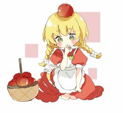 Rule 34 | 1girl, apple, apron, bad id, bad pixiv id, basket, blonde hair, blush, braid, chibi, collared dress, dress, flower, food, food-themed clothes, fruit, full body, green eyes, hair flower, hair ornament, hand up, long hair, looking at viewer, original, puffy short sleeves, puffy sleeves, red apple, red dress, short eyebrows, short sleeves, solo, thick eyebrows, tsukiyo (skymint), twin braids, white apron, white flower