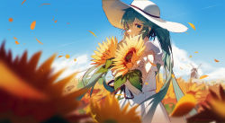 Rule 34 | 1girl, blue eyes, blue hair, blue sky, blurry, blurry foreground, chinese commentary, cloud, commentary request, cowboy shot, day, depth of field, dress, eyebrows hidden by hair, flower, hair between eyes, hanamoto410, hat, hat ribbon, hatsune miku, highres, holding, holding flower, long hair, looking at viewer, looking to the side, number tattoo, outdoors, petals, ribbon, shadow, shoulder tattoo, sky, solo, standing, sunflower, tattoo, twintails, twitter username, very long hair, vocaloid, white dress, white hat, windmill